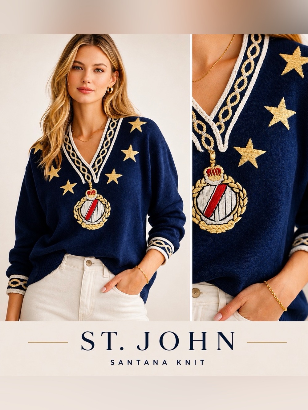St John Santana Knit Sweater Small Navy Gold Nautical Stars Crest USA Preppy